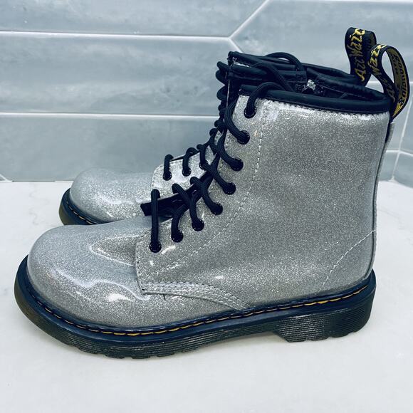 Dr. Martens Other - Dr Martens Boots Girls Size 3 Glitter J Youth Silver Lace Up Combat Shoes 1460